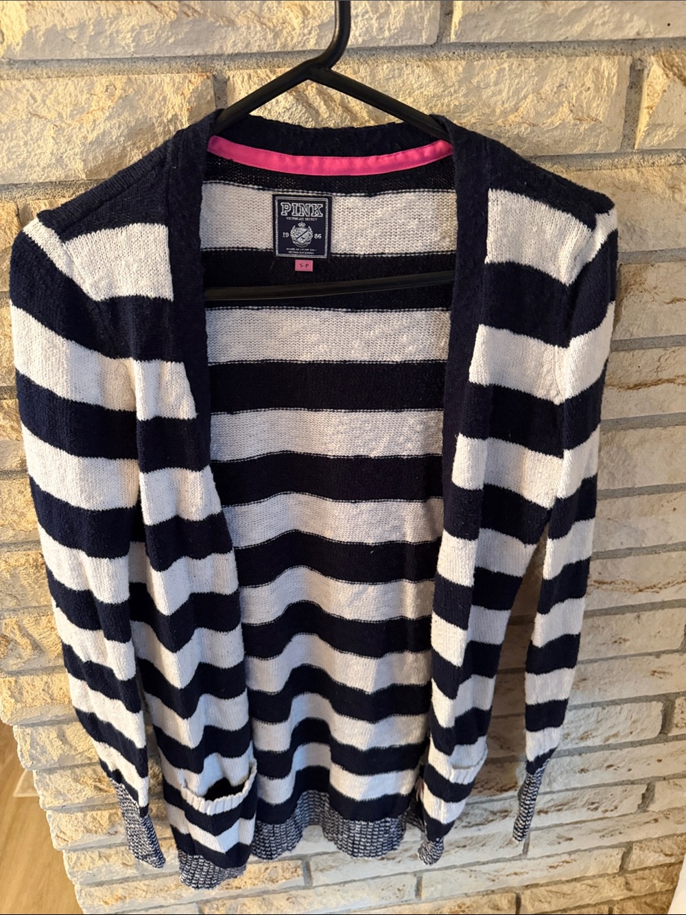 PINK Victoria's Secret Navy & White Striped Open Cardigan with Pink Trim